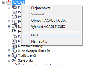 Příkazy Najít a Nahradit a text v souboru CUIx V souborech CUIx lze hledat příkazy a řetězce (včetně názvů příkazů nebo prvků uživatelského rozhraní, názvů zobrazení příkazu, popisů, maker a popisků).