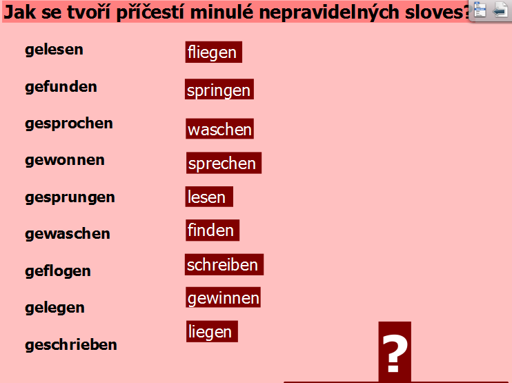 Str. 4 - Definování výjimky při tvoření příčestí minulého pravidelných sloves. Řešení se objeví pomocí funkce skryté pod tváří. Str.