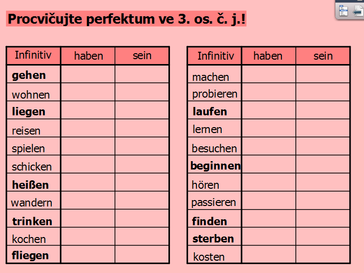 Str. 10 - Procvičování tvorby perfekta pravidelných a nepravidelných sloves ve 3. os. č. j.