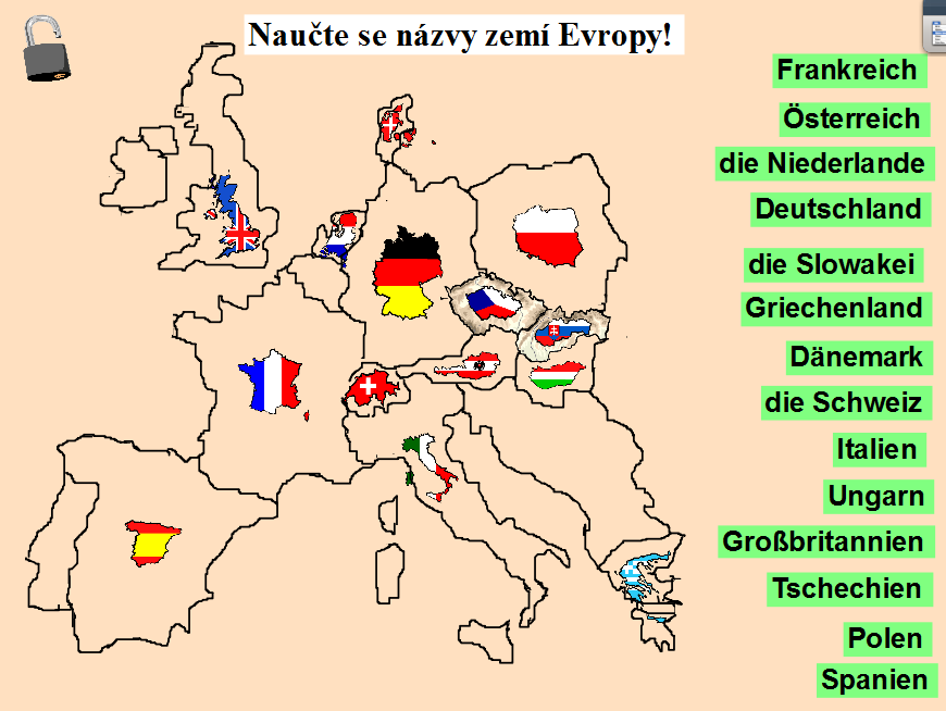 Zeměpisné názvy s předložkami, A2 Anotace (str. 2 - úvodní strana prezentace) Žáci opakují/učí se německé názvy pro evropské země.