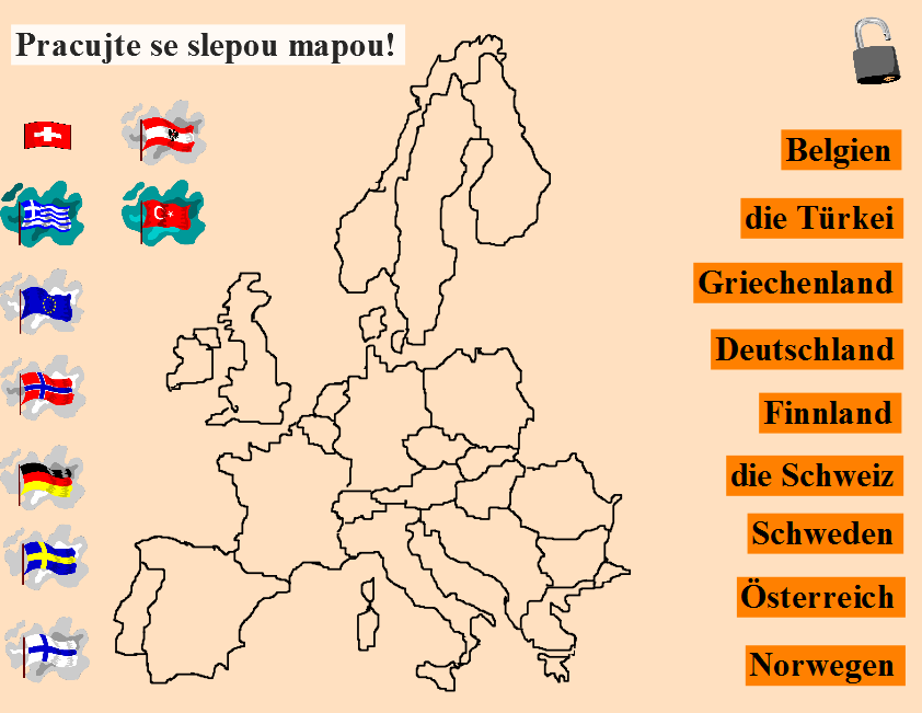 str. 8 - Práce se slepou mapou Evropy. Označení zemí jejich státními vlajkami, přiřazování nejprve známých a poté nově probraných názvů zemí.