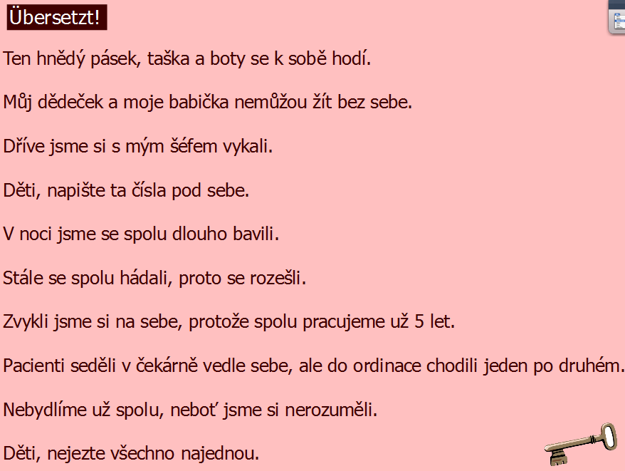 Str. 9 - Překlad z češtiny do němčiny. Řešení opatřeno klíčem. http://www.