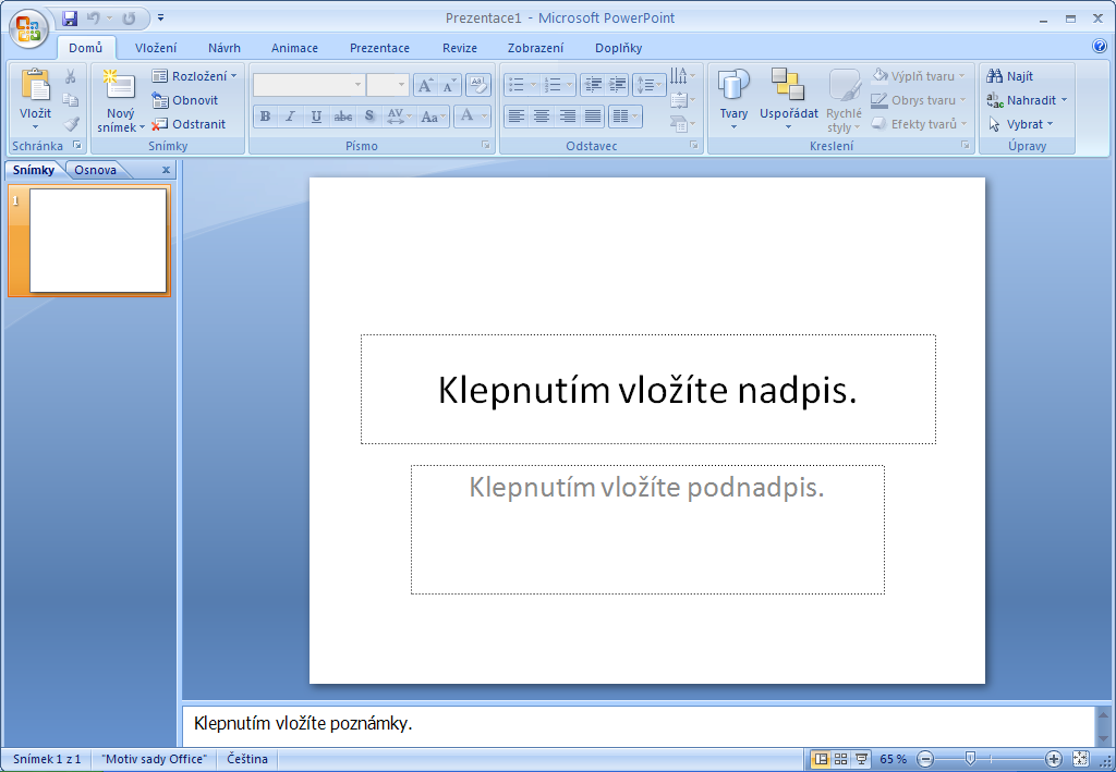 1. První prezentace Aplikace PowerPoint je stejně jako aplikace Word a Excel součástí balíku aplikací Office systém 2007. Aplikace PowerPoint slouží k vytváření prezentací.