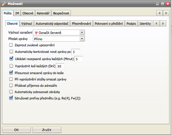 Pole Pošta IM Obecné Kalendář Bezpečnost Základní nastavení vlastností uživatelských účtů jakými jsou například automatický odpovídač, přesměrování zpráv nebo definice podpisů.