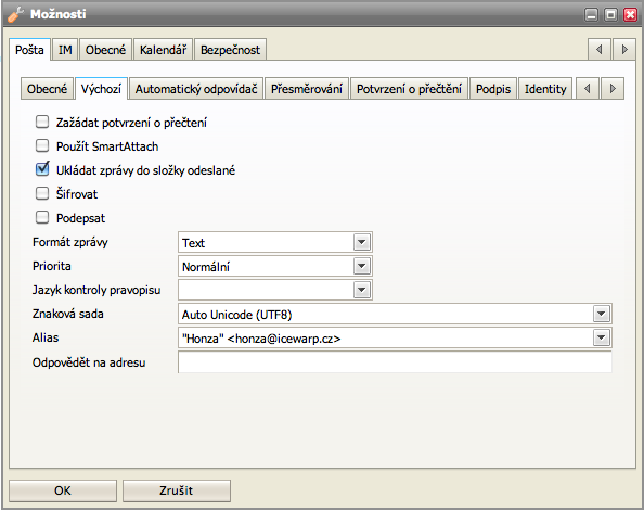 Pole Zažádat potvrzení o přečtení Použít SmartAttach Ukládat zprávy do složky odeslané Šifrovat Formát zprávy Alias Odpovědět na adresu V případě odeslání e-mailové zprávy bude automaticky