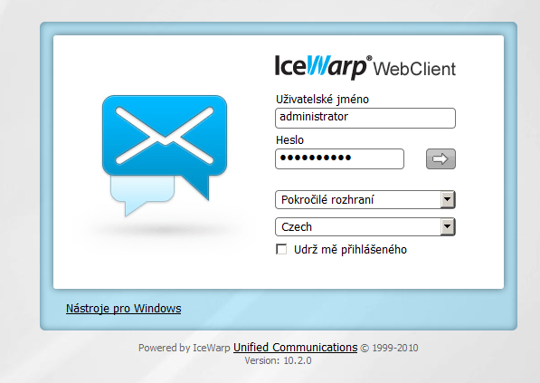 Začátek práce s rozhraním IceWarp Web klient Pro přístup do rozhraní je nutné přistoupit na adresu nastavenou správcem systému s použitím internetového prohlížeče.