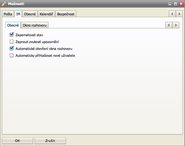 Obecné nastavení účtu Pole Zapamatovat stav Zapnout zvukové upozornění Automatické otevřené okna rozhovoru Automaticky přihlašovat nové uživatele Instant Messaging klient si automaticky zapamatuje