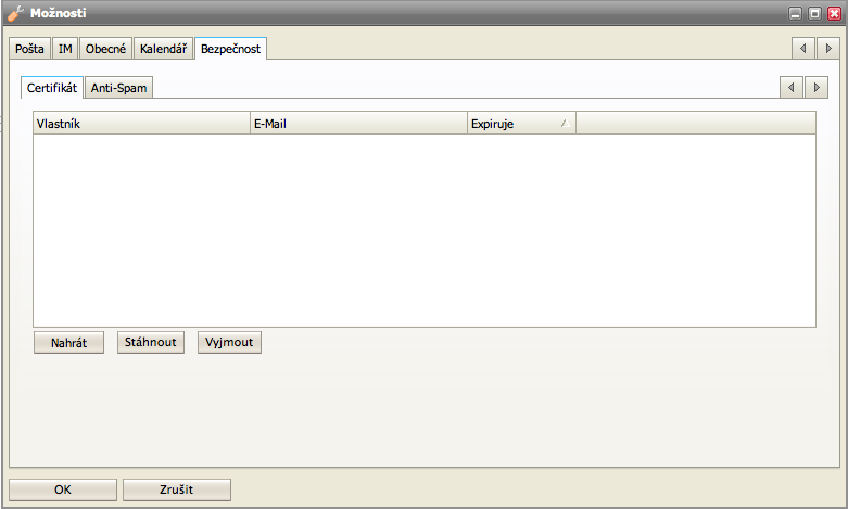 Bezpečnostní nastavení Umožňuje uživateli spravovat soukromé certifikáty pro podepisování zpráv a nastavit individuální vlastnosti Antispam modulu.