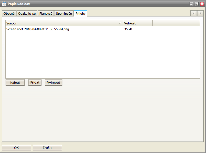 Poslední záložkou u kalendáře je záložka Přílohy.