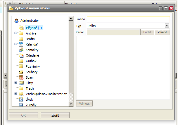 Smazat složku Umožňuje smazání konkrétní složky. Přidání nové složky Dialog pro přidání zprávy je možné vyvolat pomocí kliknutí pravého tlačítka na seznam složek.