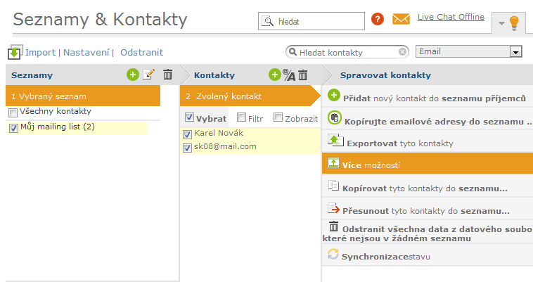 Na podobném principu funguje správa samotných emailových adres v seznamu.