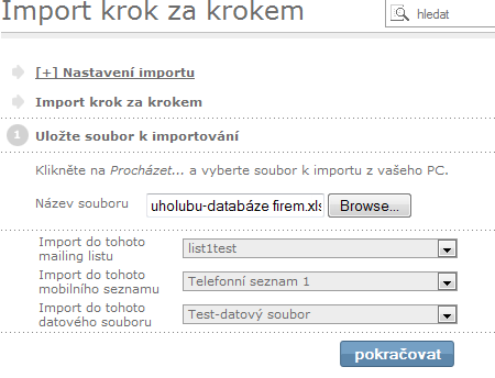 Po nastavení vyberte soubor klikem na Browse. Poté vyberte, kam budou importovaná data uložena.
