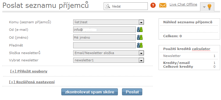 Spam skóre si prověříte kliknutím na Odesílání - Poslat seznamu příjemců - Zkontrolovat spam skóre Po několika minutách se