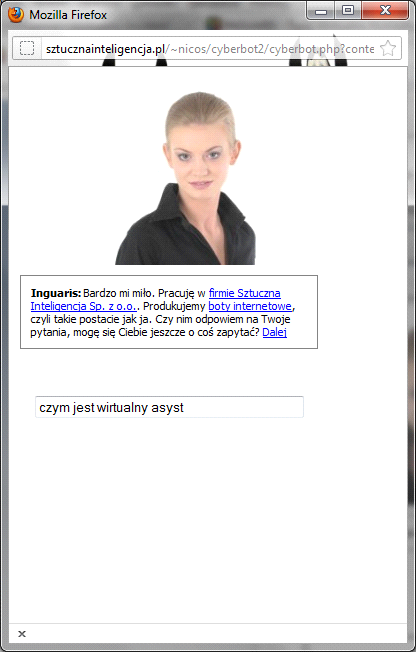Fig. 1 An example of a window presenting communication with Inguaris Source: [www.inguaris.pl]. Figure translation: Inguaris: Pleased to meet you. I work for Sztuczna Inteligencja Ltd company.