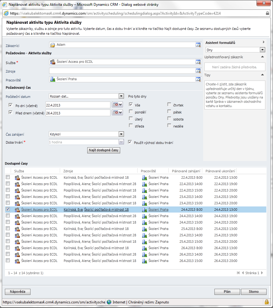 Řízení vztahů se zákazníky Microsoft Dynamics CRM 53 Aktivita služby Obdobně připravíme týdenní plány pro další zdroje: Školící počítačová místnost 28 po pá: 7:00 13:00, 14:00 19:00 Pospíšilová Alena