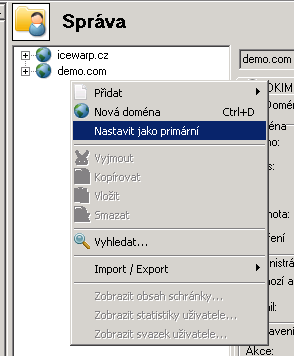 Primární doména: IceWarp server podporuje více domén, ale jedna z nich musí být vždy nastavena jako Primární.. Funkčně není mezi Primární doménou a ostatními žádný rozdíl.
