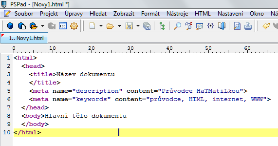 Obrázek 5.1 PSPad <html> typ dokumentu Příkaz je umístěn na začátku a konci HTML kódu a slouží k určení typu dokumentu.