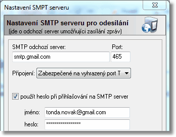 Práce s programem 7 @gmail.com Pokud máte zřízenou emailovou schránku u Gmail.com, pak správné nastavení SMTP serveru je "smtp.gmail.com".