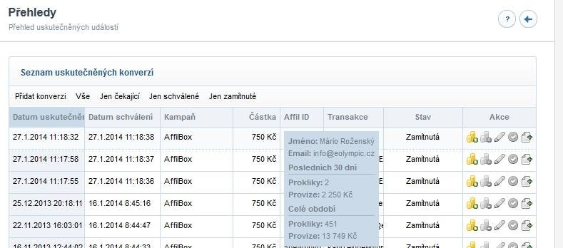 V menu vyberte položku Přehledy, Pro Administrátora a následně Přehled uskutečněných konverzí. Uvidíte přehled konverzí podobný tomu na obrázku.