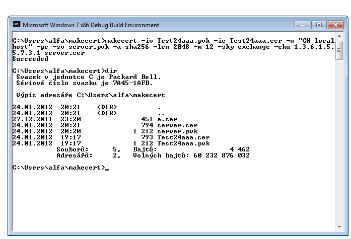 UTB ve Zlíně, Fakulta aplikované informatiky, 2012 61 Obr. 9. Vytvoření serverového certifikátu Význam parametrů je: -iv Test24aaa.pvk -ic Test24aaa.cer Cesta k soukromému klíči CA.