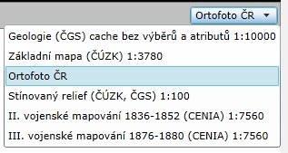 Zobrazované objekty vrtů jsou v tématické mapové vrstvě Vrtná prozkoumanost, která je spolu s dalšími tématickými vrstvami zobrazena v levém okně obrazovky.