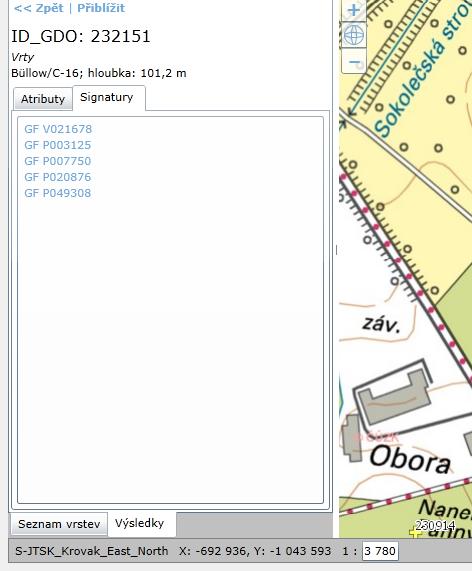 V horní části nabídky informačního okna je údaj o počtu zobrazených výsledků a možnost zobrazit údaje pod mapové okno.