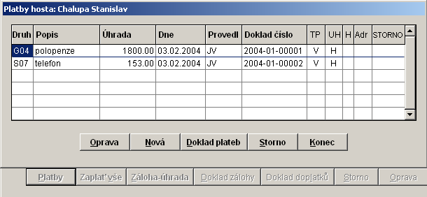 Obrazovka Platby hosta Účty ubytovaných i archivních hostů Ubytováním hosta vzniká hostovi záznam databázi. V ní jsou uvedeny veškeré platby hosta během pobytu i po jeho odjezdu.