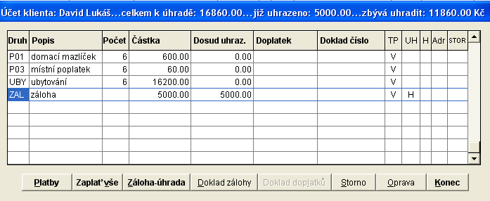 Vystavení účtu v průběhu ubytování (před odjezdem) Stiskněte Ikonu Účty hostů Ubytovaní hosté oproti archivním jsou zvýrazněny tučně.