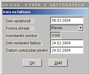 Vystavení Hotelového účtu nebo Faktury při odjezdu Stiskněte Ikonu Odjezd, postavte se na libovolný řádek skupiny a stiskněte tl. Odjezd skupiny. SW vytiskne doklad o úhradě vždy 2x.