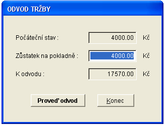 Počáteční stav zobrazuje zůstatek hotovosti pokladny, který jste převzali při zahájení práce, do pole Zůstatek na pokladně zadejte hotovost, kterou ponecháváte na pokladně při odvodu tržby.