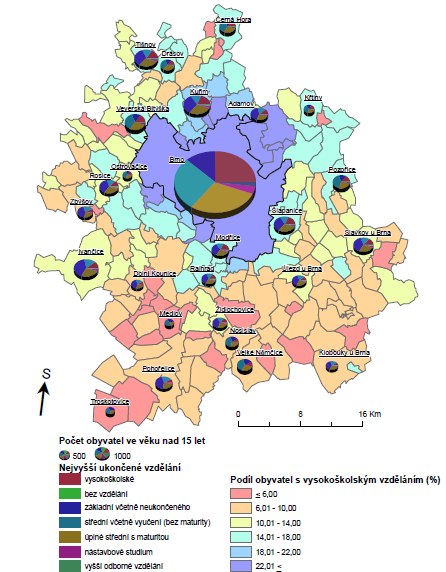 5.2.3 VZDĚLANOSTNÍ STRUKTURA OBYVATEL Vzdělanostní struktura Brněnské metropolitní oblasti, měřeno podílem vysokoškolsky vzdělaného obyvatelstva na obyvatelstvu starších 15 let, je podle Sčítání