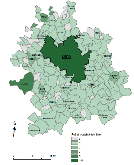 Mapa 14: Počet mateřských škol v obcích Brněnské metropolitní oblasti ve školním roce 2012/2013 Zdroj: ČSÚ Veřejná databáze Ve stejném období, kdy se zvyšoval počet dětí předškolního věku, se naopak