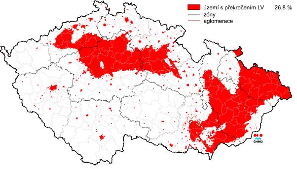 Mapa 23: Vyznačení oblastí s překročenými imisními limity pro ochranu zdraví bez zahrnutí přízemního ozonu v České republice v roce 2012 Zdroj: ČHMÚ Znečištění ovzduší na území České republiky v roce