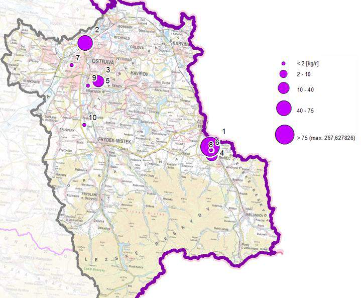 s nejvyššími emisemi benzo(a)pyrenu, stav roku 2011, aglomerace CZ08A OV/KA/FM Zdroj dat: