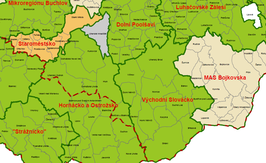 Spolupráce v rámci území a vnější vztahy Z hlediska meziobecní spolupráce je území MAS rozděleno na Mikroregion Východní Slovácko s 6 členy a na část mikroregionu Bílé Karpaty (viz tab. 24).