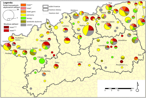 Obrázek 13: Hromadná ubytovací zařízení v regionu Krušnohoří, České středohoří a Podřipsko a Poohří Zdroj: ČSÚ Cestovní ruch časové řady (2009) Z hlediska kategorizace ubytovacích sluţeb převládají v