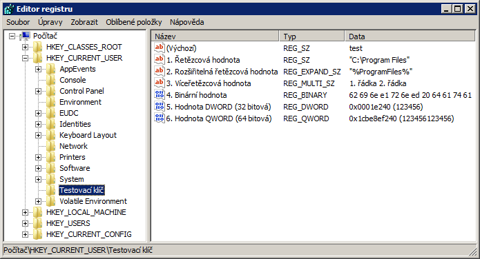Správa Windows v prostředí počítačové sítě 22 Ukázka registračního souboru a zobrazení obsahu registru po jeho importu: Windows Registry Editor Version 5.