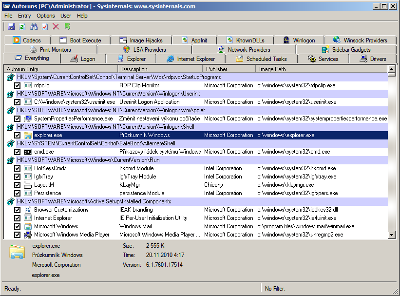 Správa Windows v prostředí počítačové sítě 27 7.4 Program Autoruns Pro prohlížení a úpravu spouštěcích položek se může využít program Autoruns, který je dostupný na adrese http://technet.microsoft.