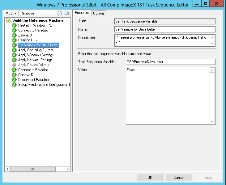 Obrázek 19 - Task sequence SCCM použitá při migraci (sejmuto z Configuration Manager Console) 3.5. Instalace aplikací Instalace aplikací nebyla součástí samotné migrační TS.