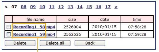 Po stisku tlačítka u síťového úložiště (Network storage) se zobrazí nov{ str{nka se seznamem souborů na vložené kartě: Form{t: RRRRMMDD Označte položky a smažte pomocí Delete, případně smažte vše