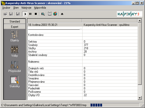 40 Kaspersky Anti-Virus 4.5 for Microsoft NT Server Obrázek 11. Kategorie Statistiky Tabulka je rozdělena do dvou částí: Kontrolováno a Nalezeno.