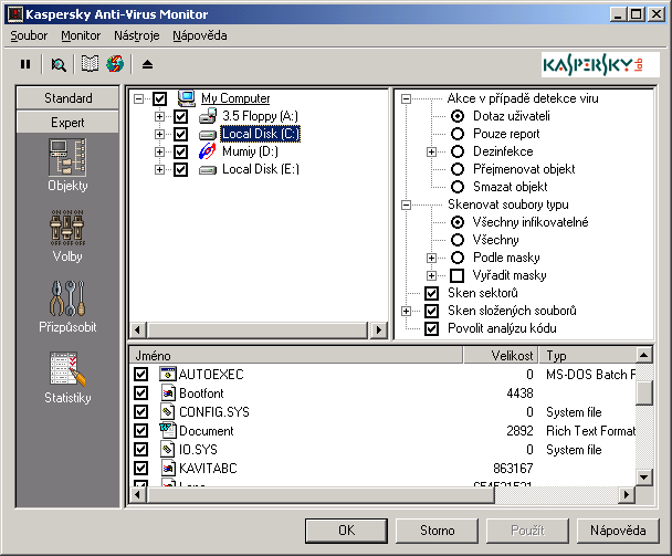 Kaspersky Anti-Virus Monitor 45 4.2.3. Menu Obrázek 14. Hlavní okno Kaspersky AV Monitor V horní části hlavního okna Monitoru vidíte lištu s roletovými menu.