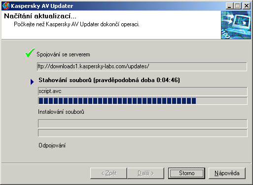 Kaspersky Anti-Virus Updater 59 Přizpůsobit konfigurace uživatelského rozhraní; Zobrazit okno průběhu objeví se okno Aktualizace (viz dále). Proces aktualizace pokračuje po stisknutí tlačítka Další.