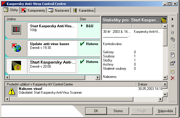 64 Kaspersky Anti-Virus 4.5 for Microsoft NT Server V dolní části okna se nacházejí tlačítka OK, Storno, Použít a.