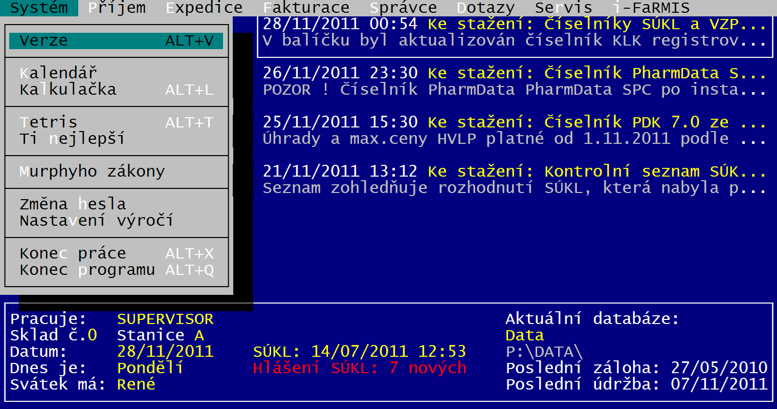 11.6. FaRMIS 11.6.1. FaRMIS 1 (pro DOS) Lékárenský program FaRMIS je nejrozšířenější program pro lékárny v České republice. Je vyvíjen od roku 1997 společností FaRMIS s.r.o. (dříve PaENIUM s.r.o.). V roce 1998 byl poprvé nasazen do ostrého provozu v lékárně ještě pod názvem PaENIUM.