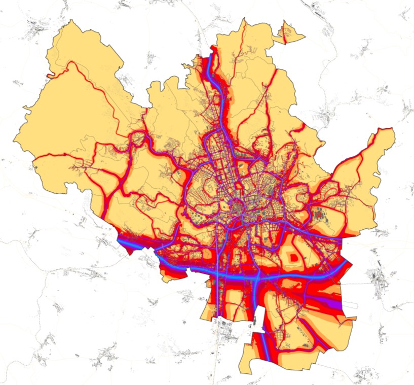 Obr. 10 Strategická hluková mapa aglomerace Brno v roce 2007 (Pramen: MZČR, 2007b) 2.