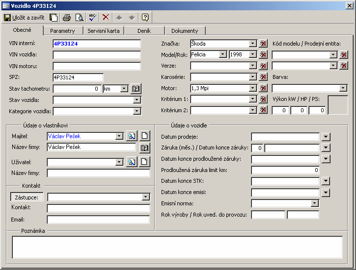 Dialog zakládání nového vozidla, políčko VIN interní je zde identifikátorem vozidla. Musí být pro každé vozidlo jedinečné.