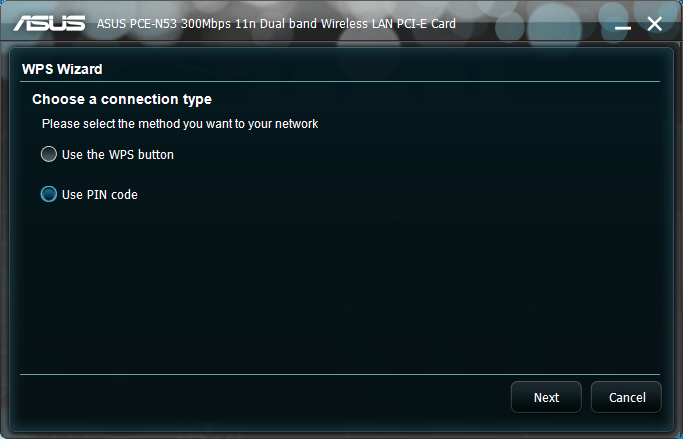 Pokyny pro připojení PCE-N53 k AP nebo stanici s aktivovanou funkcí WPS pomocí kódu PIN: 1. Nebo vyberte Use PIN code (Použít kód PIN). 2.