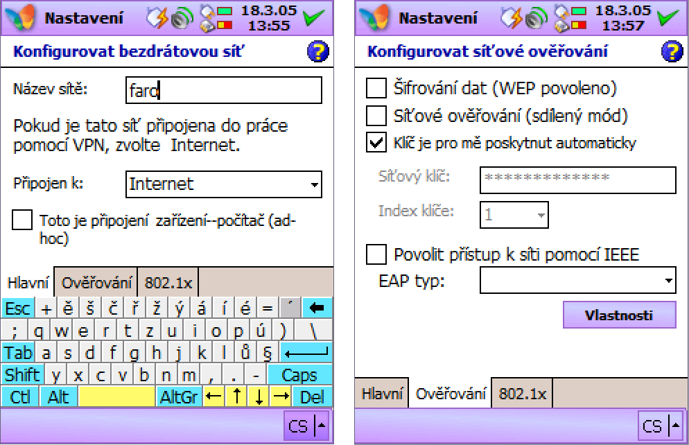 V tomto kroku musíme ručně přidat síť Faro, což představuje vepsání názvu faro do okna Název sítě a přepneme se na další záložku Ověřování, kde zaškrtneme položku Klíč je poskytnut automaticky (obr.