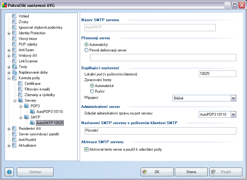 V tomto dialogu (odkaz Servery / SMTP) nastavujete server Kontroly pošty s protokolem SMTP pro odchozí poštu: Název SMTP serveru - v tomto poli můžete zadat jméno nově přidaných serverů (server SMTP